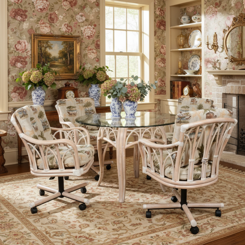 Alexander & Sheridan Cuba Rattan Indoor 4-Person Tilt Swivel Caster Dining Set with Cushions