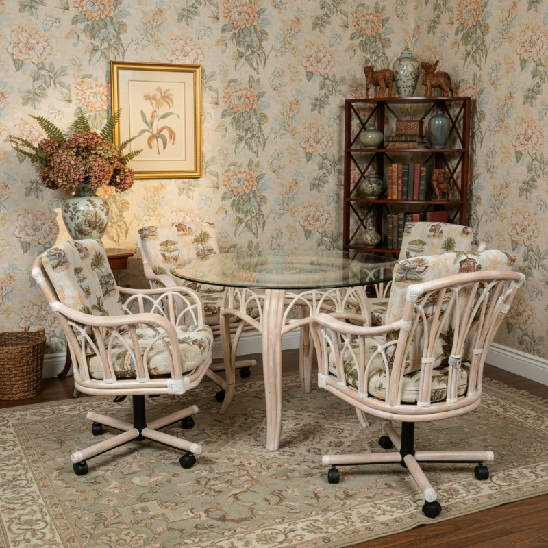 Alexander & Sheridan Cuba Rattan Indoor 4-Person Tilt Swivel Caster Dining Set with Cushions