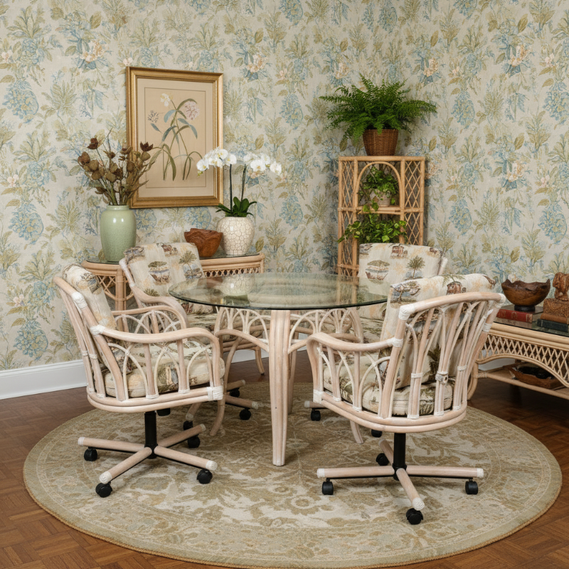 Alexander & Sheridan Cuba Rattan Indoor 4-Person Tilt Swivel Caster Dining Set with Cushions