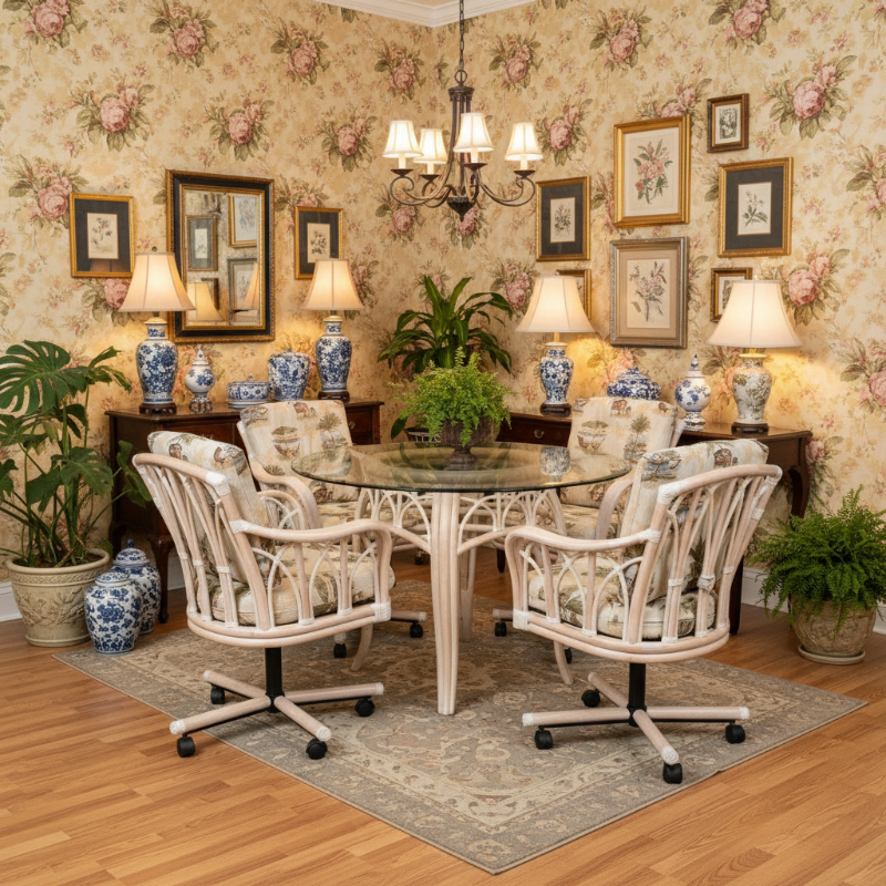 Alexander & Sheridan Cuba Rattan Indoor 4-Person Tilt Swivel Caster Dining Set with Cushions