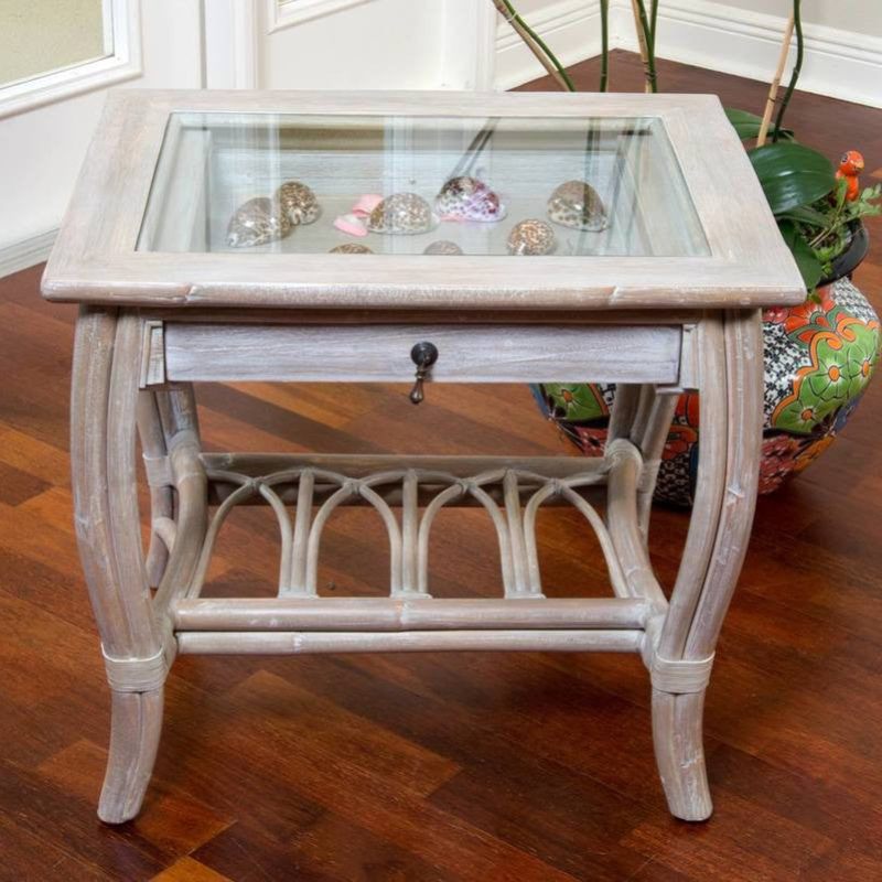 Alexander & Sheridan Cuba Rattan Indoor End Table with Glass Top and Drawer