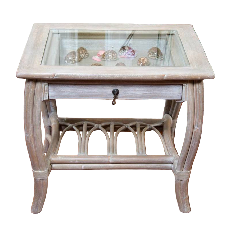 Alexander & Sheridan Cuba Rattan Indoor End Table with Glass Top and Drawer