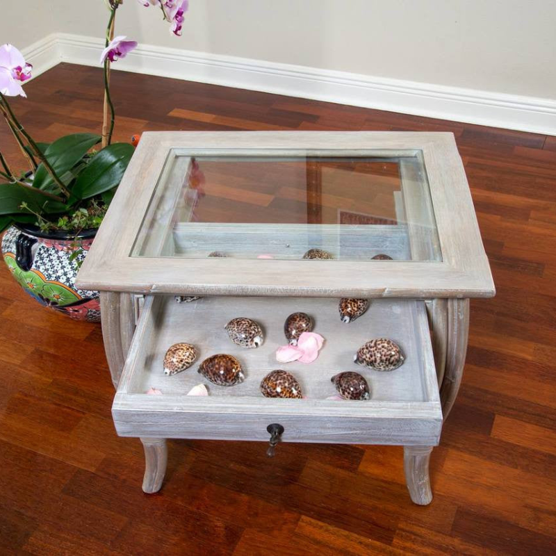 Alexander & Sheridan Cuba Rattan Indoor End Table with Glass Top and Drawer