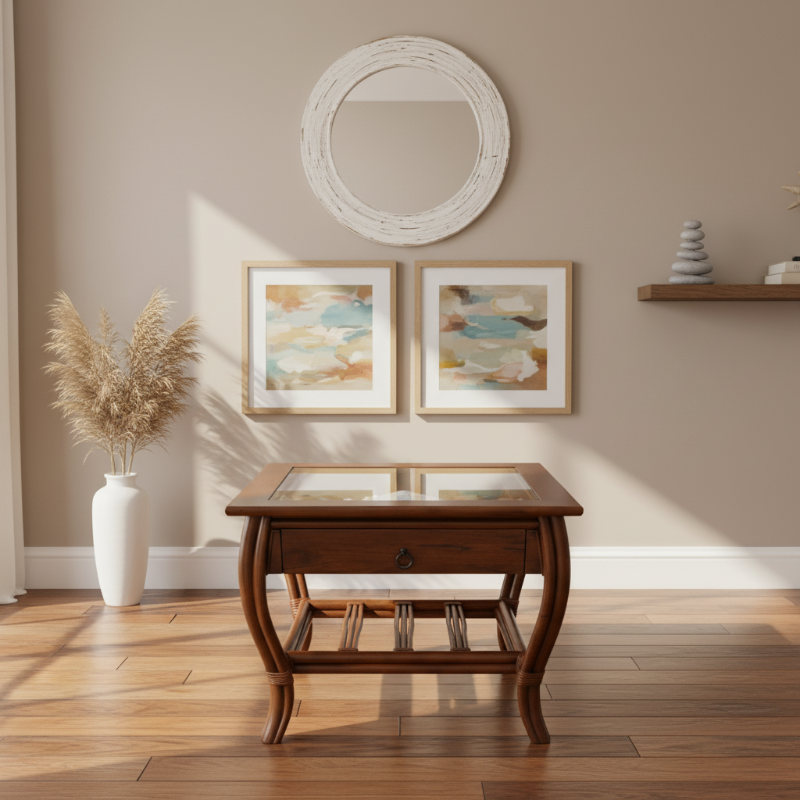 Alexander & Sheridan Cuba Rattan Indoor End Table with Glass Top and Drawer