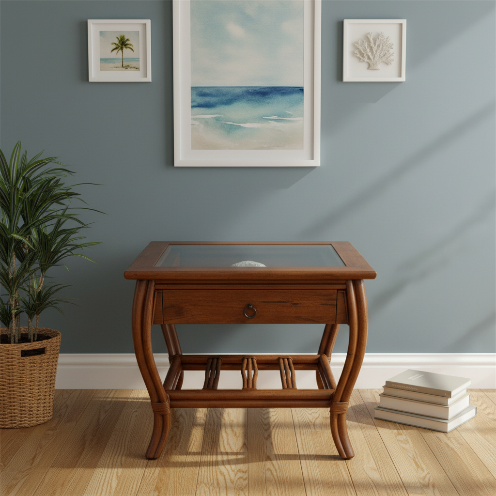 Alexander & Sheridan Cuba Rattan Indoor End Table with Glass Top and Drawer