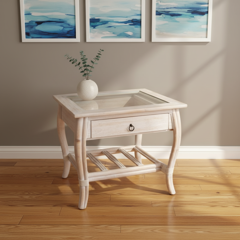 Alexander & Sheridan Cuba Rattan Indoor End Table with Glass Top and Drawer