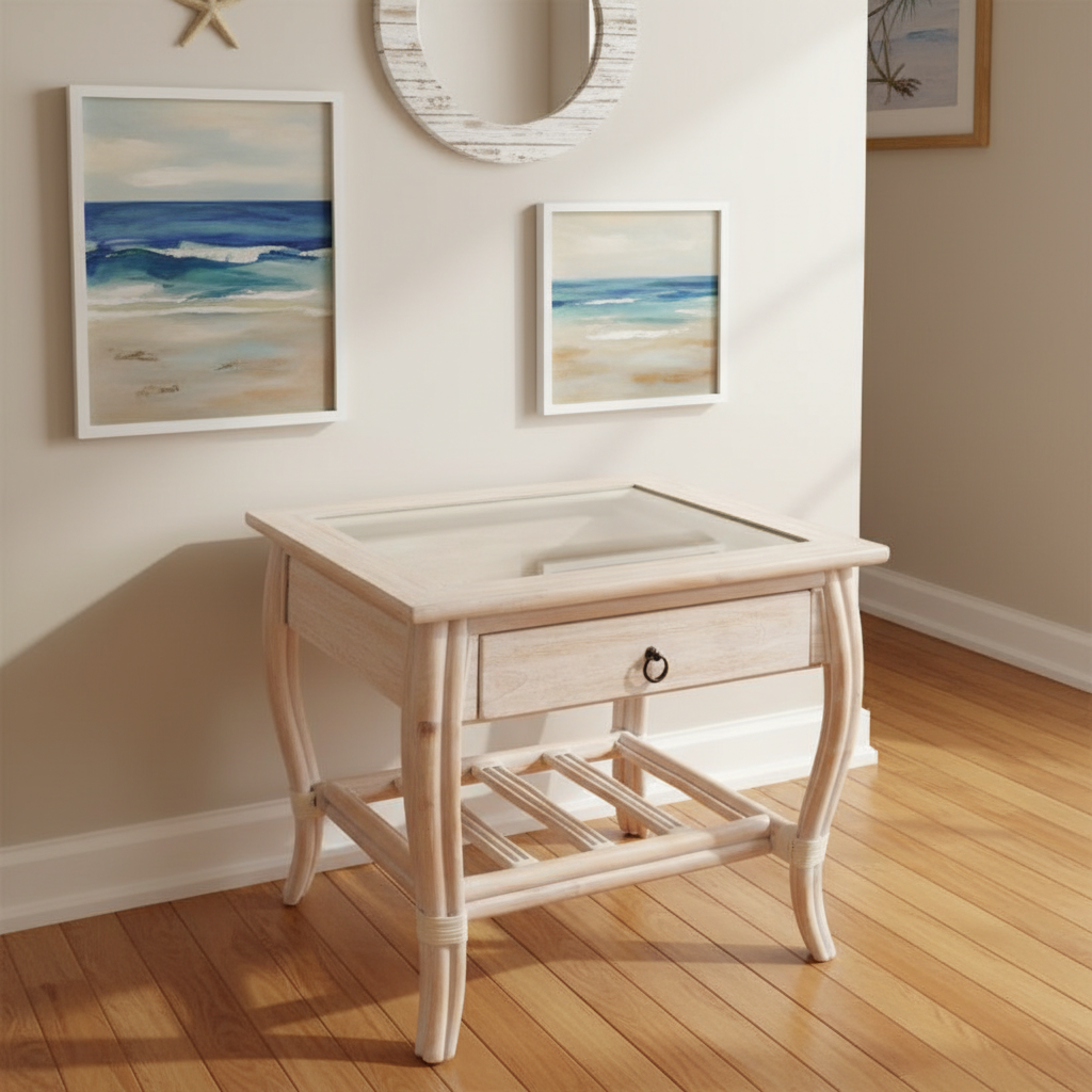 Alexander & Sheridan Cuba Rattan Indoor End Table with Glass Top and Drawer