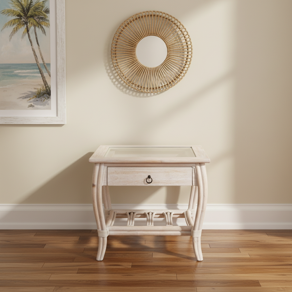 Alexander & Sheridan Cuba Rattan Indoor End Table with Glass Top and Drawer