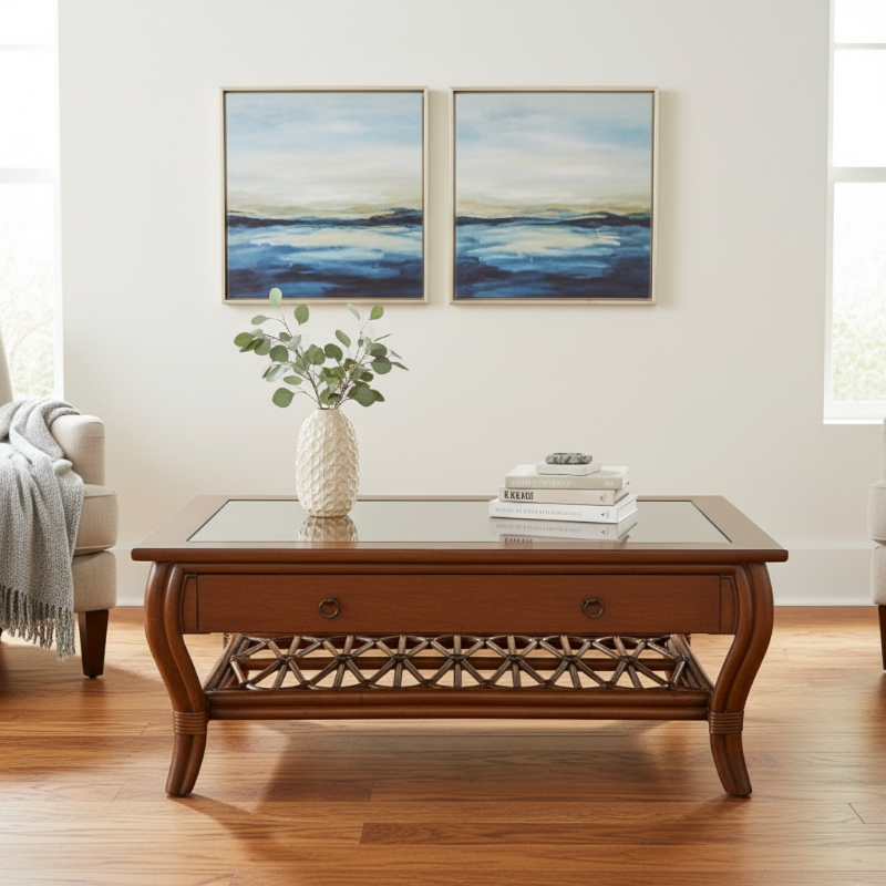 Alexander & Sheridan Cuba Rattan Indoor Cocktail Table with Glass Top and Drawer