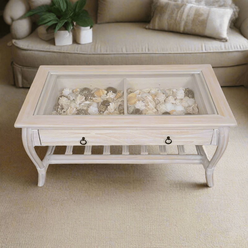 Alexander & Sheridan Cuba Rattan Indoor Cocktail Table with Glass Top and Drawer