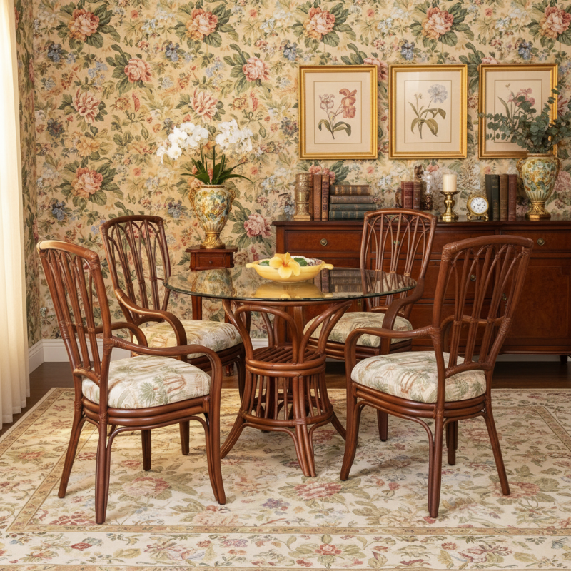 Alexander & Sheridan Cuba Rattan Indoor 4-Person Dining Set with Dining Armchairs and Cushions
