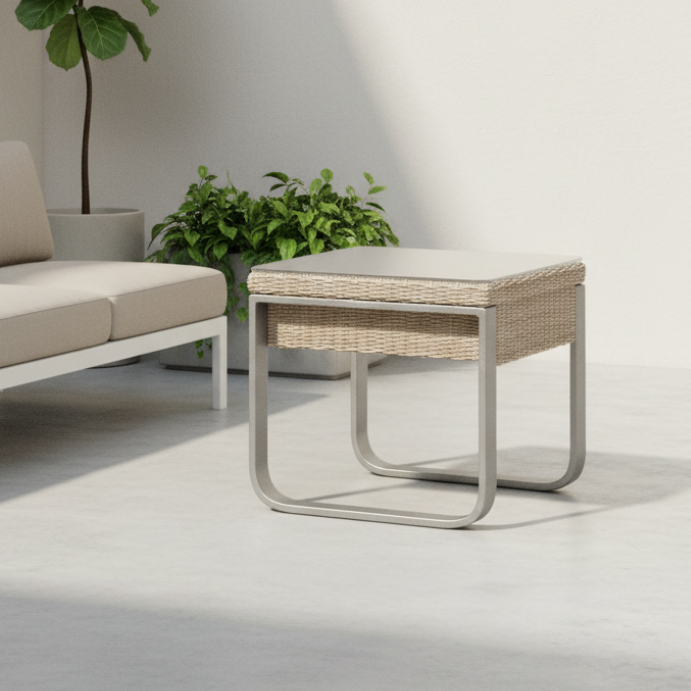 A square outdoor-style ottoman or end table with a woven beige wicker basket body, a light beige cushioned top, and a curved silver metal frame, shown in a bright modern interior next to a sofa and potted plants.