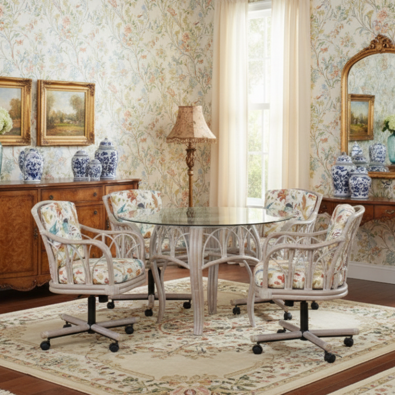 Alexander & Sheridan Cuba Rattan Indoor 4-Person Tilt Swivel Caster Dining Set with Cushions