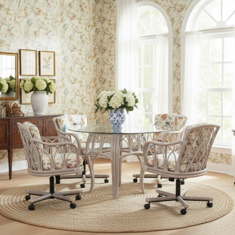 Alexander & Sheridan Cuba Rattan Indoor 4-Person Tilt Swivel Caster Dining Set with Cushions