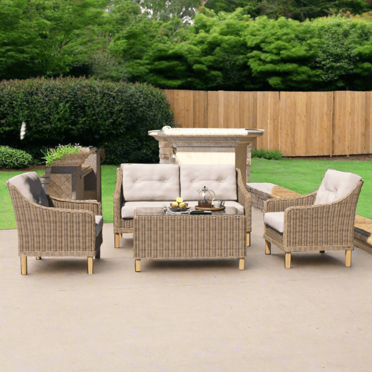 Forever Patio 4 Piece Carlisle Loveseat Set with Woven Coffee Table