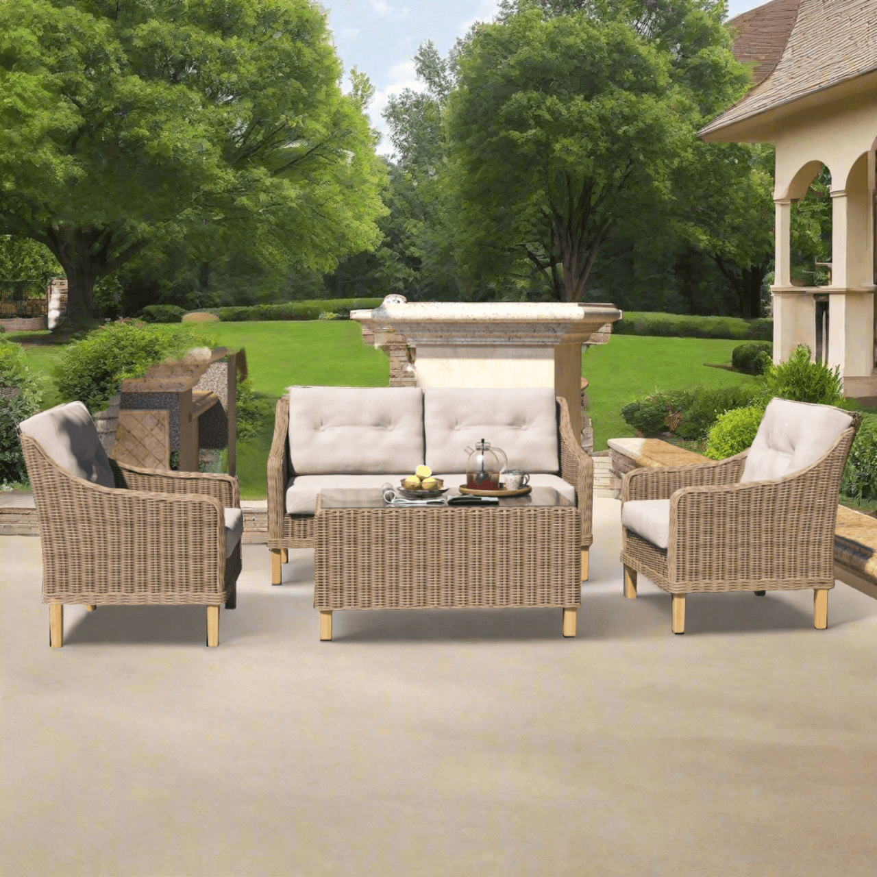 Forever Patio 4 Piece Carlisle Loveseat Set with Woven Coffee Table