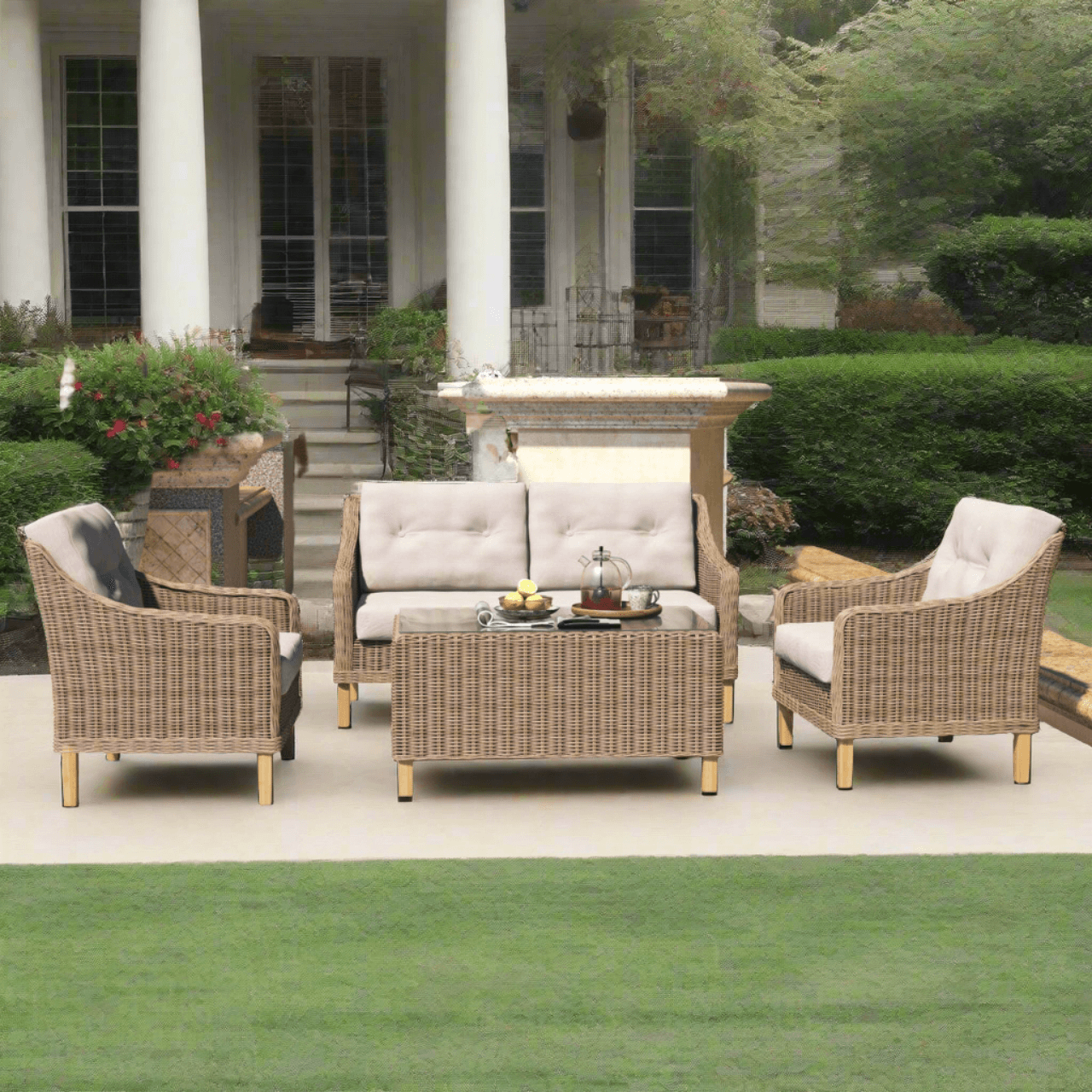 Forever Patio 4 Piece Carlisle Loveseat Set with Woven Coffee Table