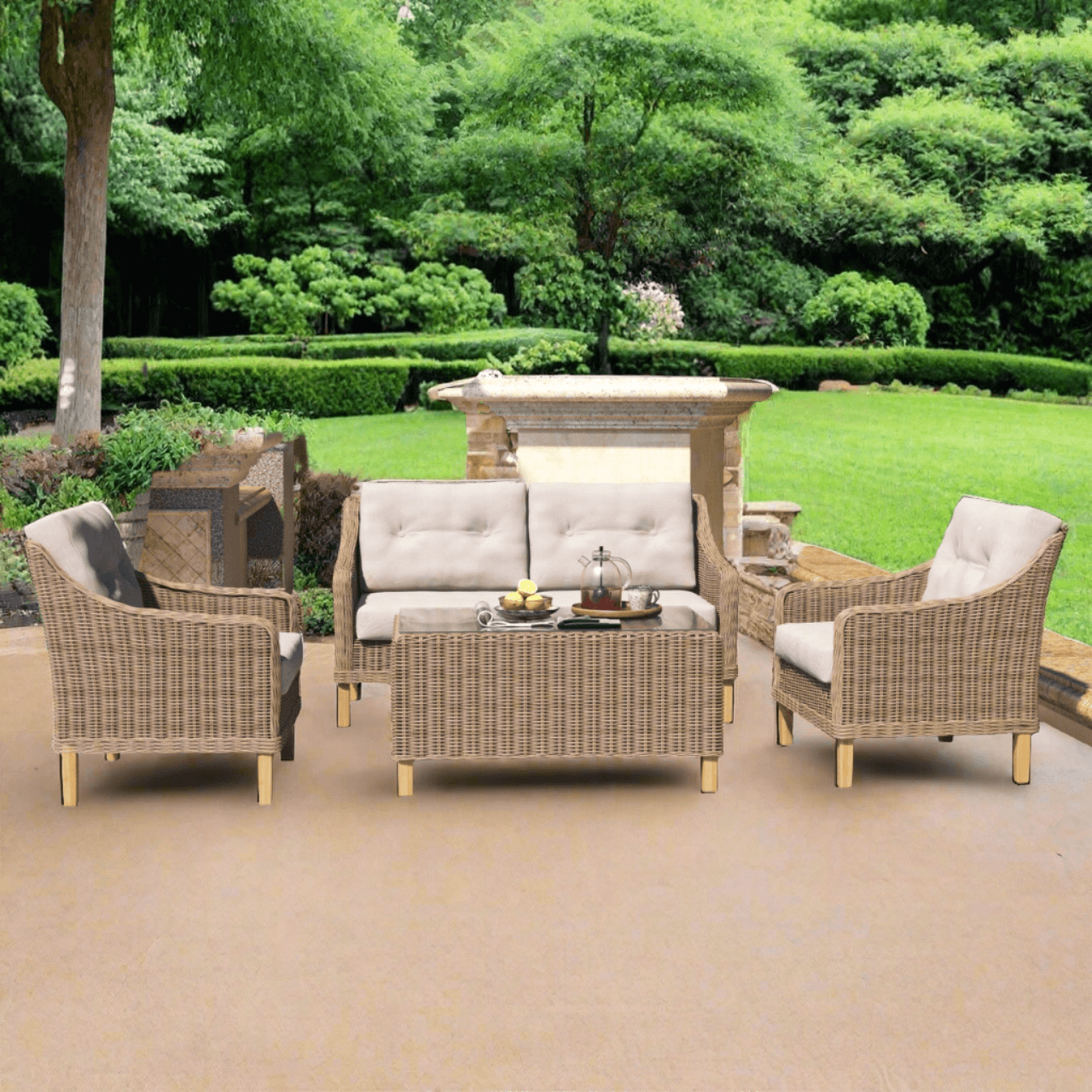 Forever Patio 4 Piece Carlisle Loveseat Set with Woven Coffee Table