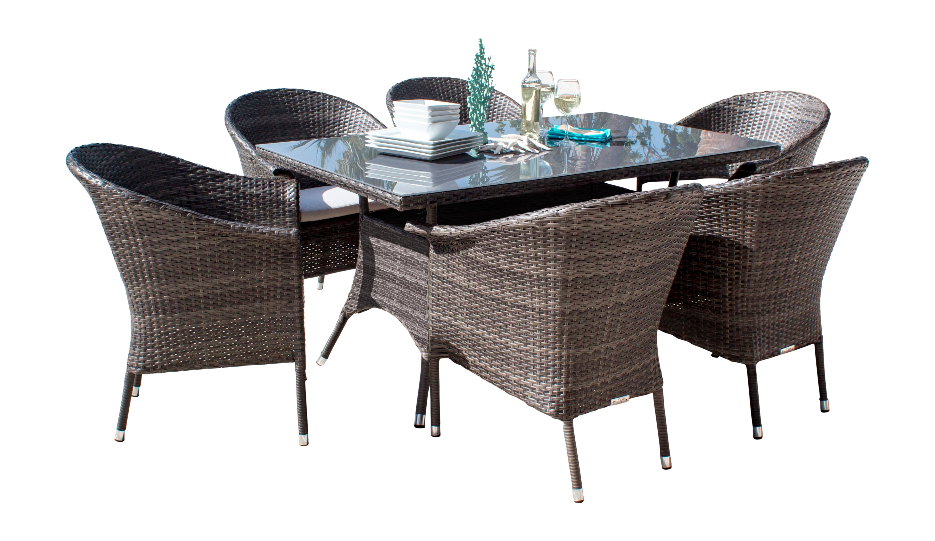 Hospitality Rattan Ultra 7-Piece Woven Armchair Dining Set with Cushions