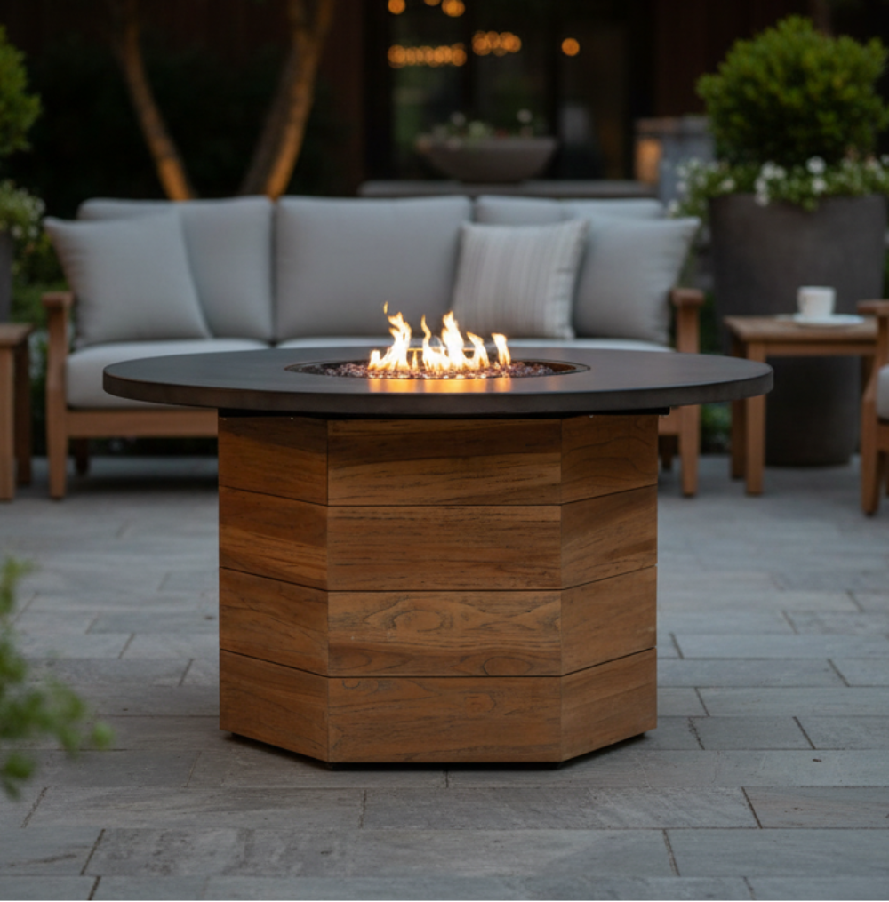 Lloyd Flanders Teak Outdoor 48" Hexagonal Fire Table with Faux Concrete Top