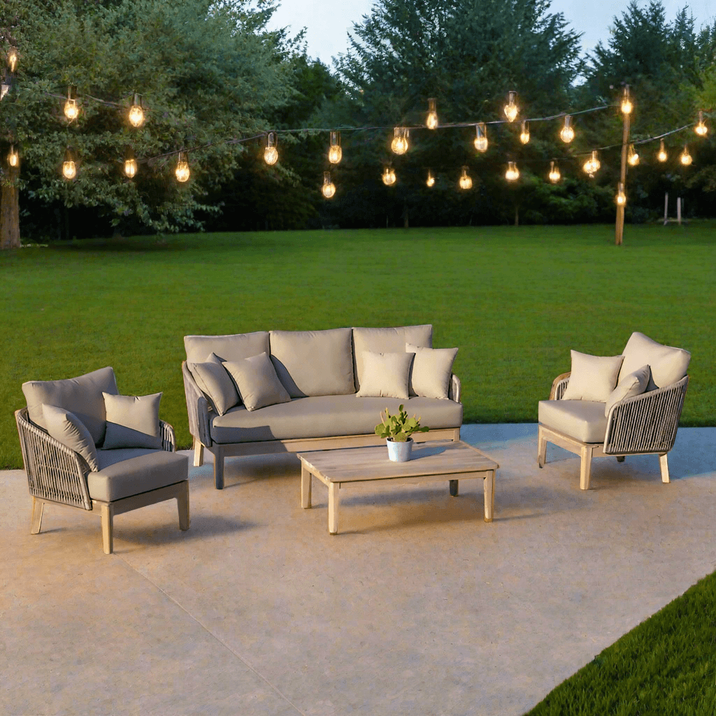 OUTSY Eve 4-Piece Outdoor and Backyard Wood, Aluminum and Rope Furniture Set