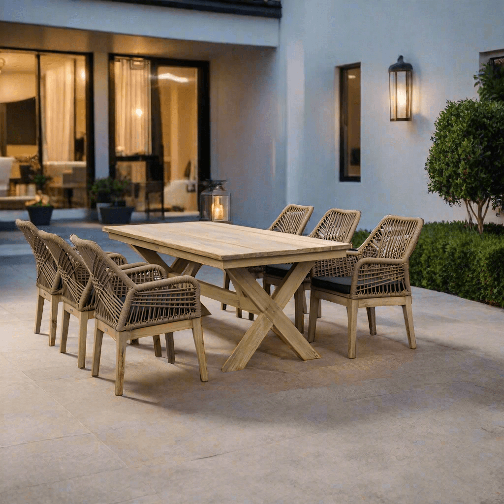 OUTSY Santino 7-Piece Outdoor Dining Set - Wood Table with 6 Wood, Aluminum, and Rope Chairs