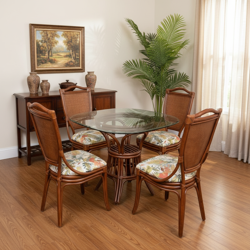 Dining room with wooden chairs, glass table, and decorative elements.