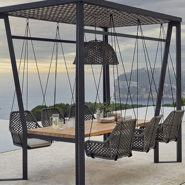 Skyline Design Horizon Pergola with Lamp Hanging Chairs & Teak Table