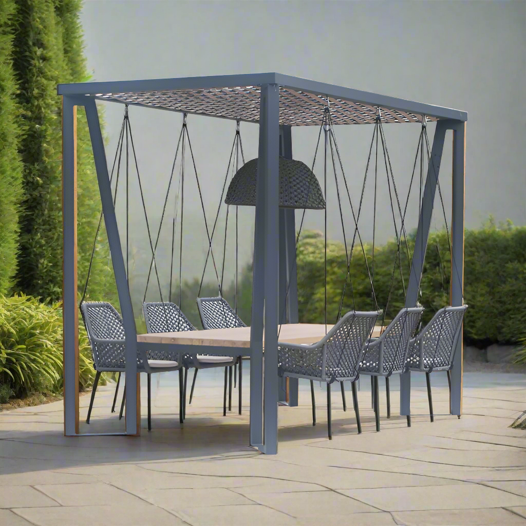 Skyline Design Horizon Pergola with Lamp Hanging Chairs & Teak Table