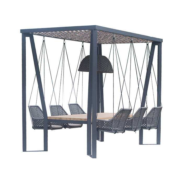 Skyline Design Horizon Pergola with Lamp Hanging Chairs & Teak Table