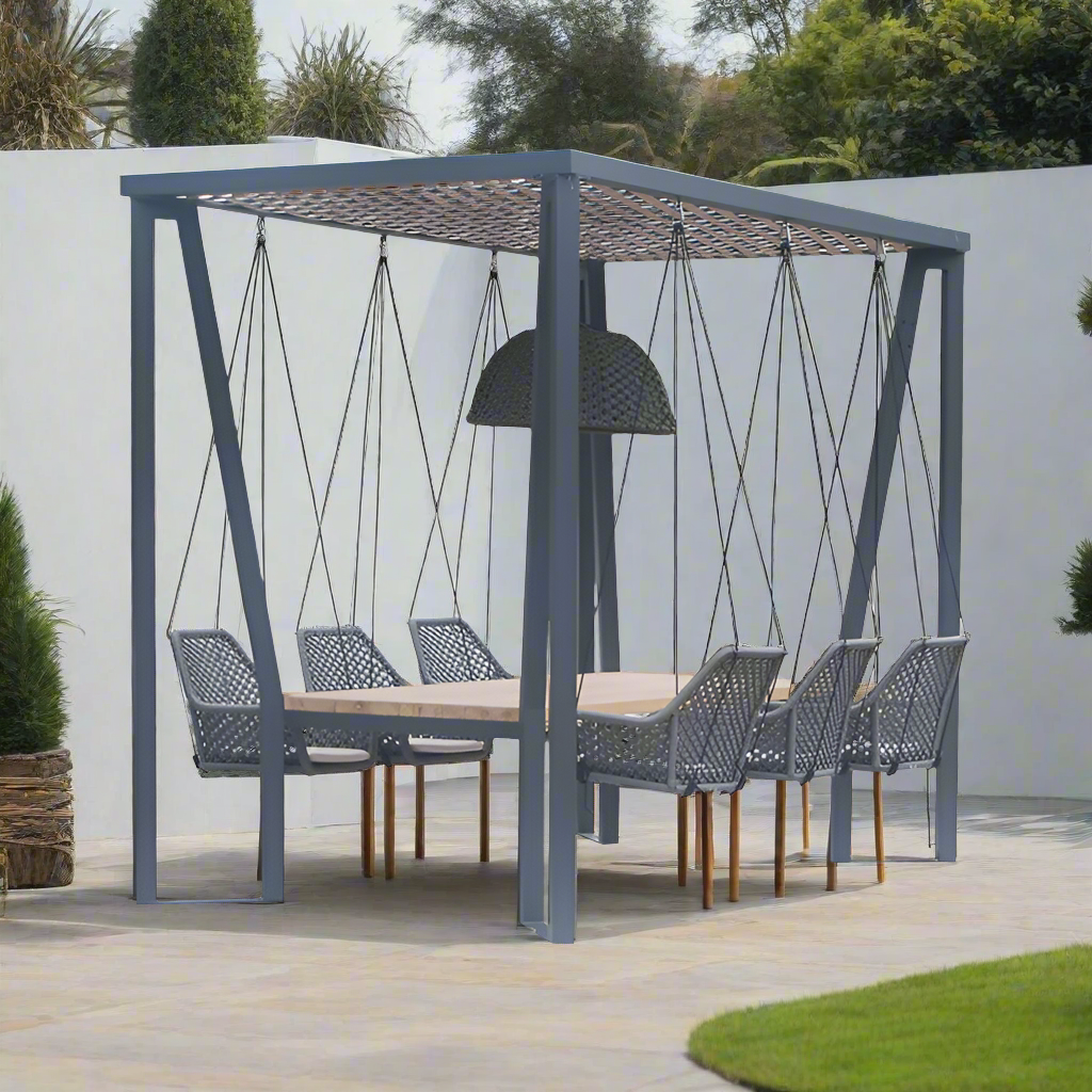 Skyline Design Horizon Pergola with Lamp Hanging Chairs & Teak Table