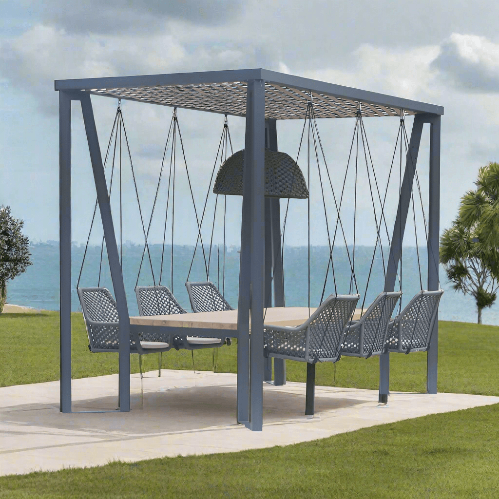 Skyline Design Horizon Pergola with Lamp Hanging Chairs & Teak Table