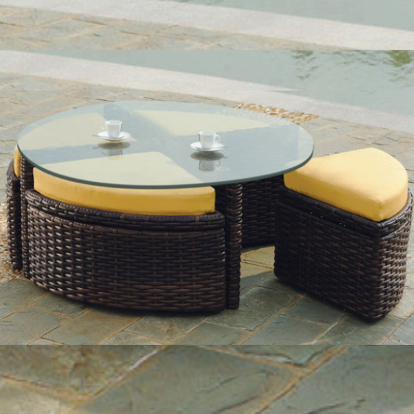 South Sea Rattan Saint Tropez Outdoor Wicker Sushi Table With Ottomans