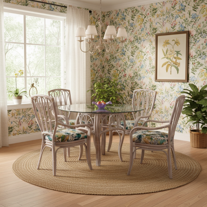Alexander & Sheridan Cuba Rattan Indoor 4-Person Dining Set with Dining Armchairs and Cushions