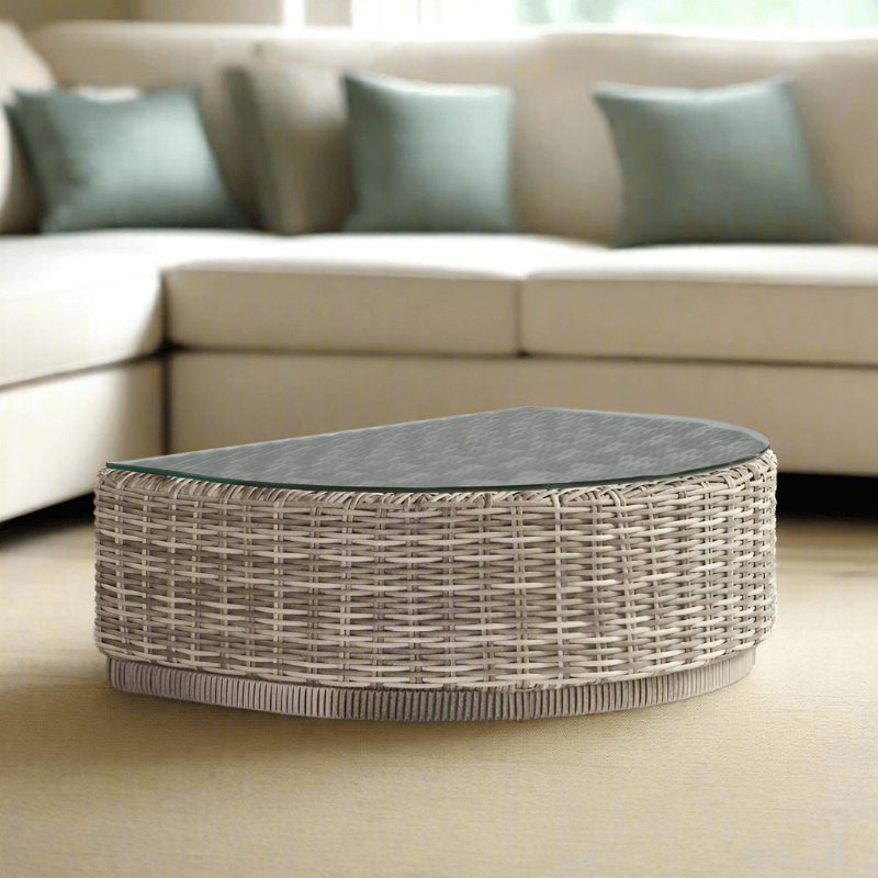 South Sea Rattan Luna Cove Wicker Outdoor Half-Round Glass-Top Coffee Table