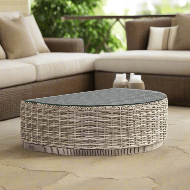 South Sea Rattan Luna Cove Wicker Outdoor Half-Round Glass-Top Coffee Table