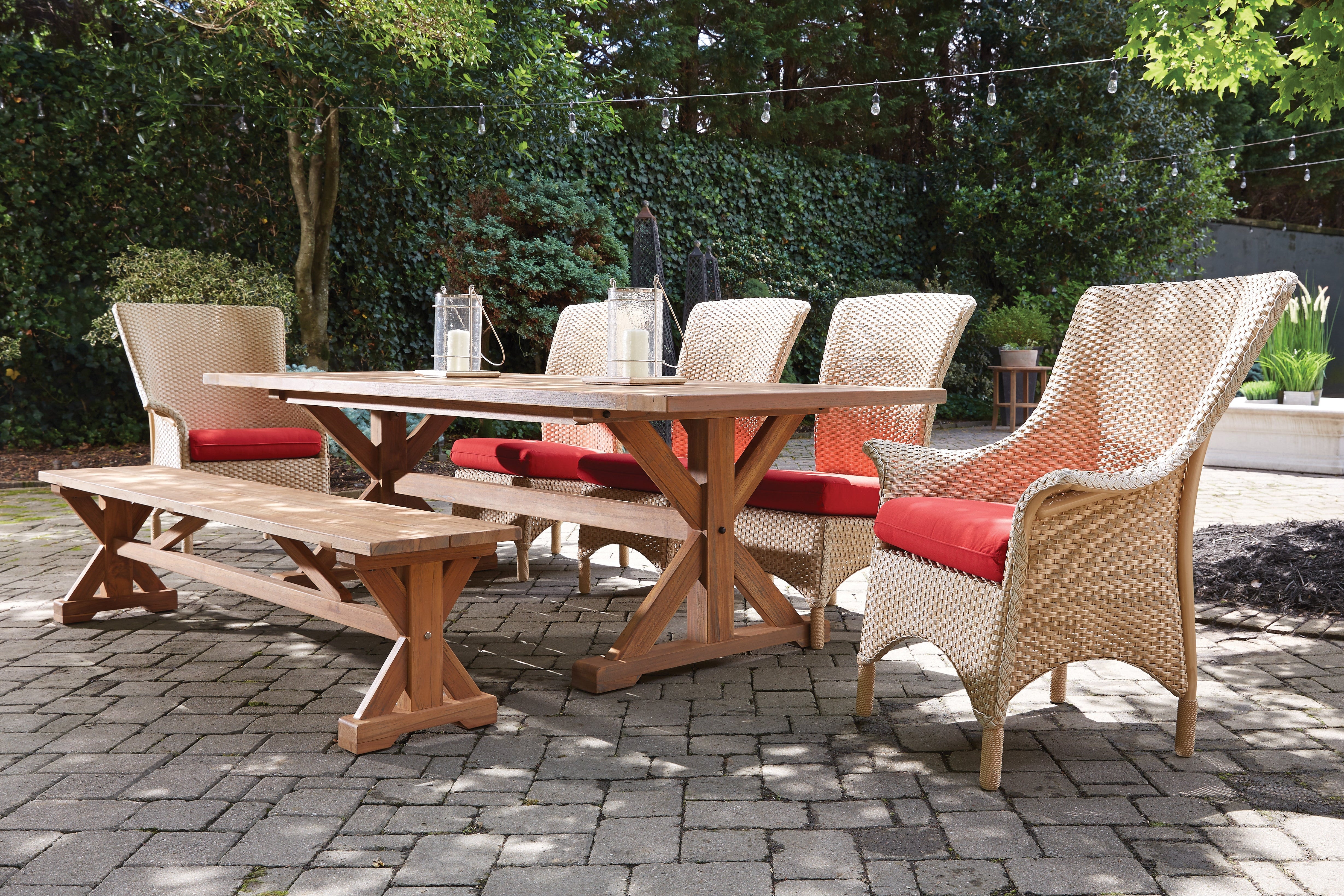 Lloyd Flanders Teak Outdoor 99" Trestle Base Rectangular Dining Table