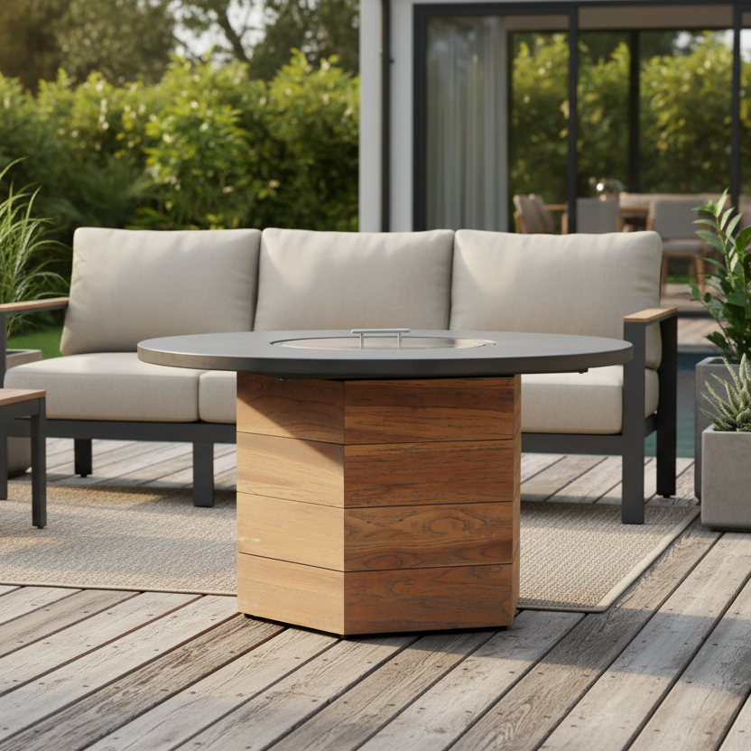 Lloyd Flanders Teak Outdoor 48" Hexagonal Fire Table with Faux Concrete Top