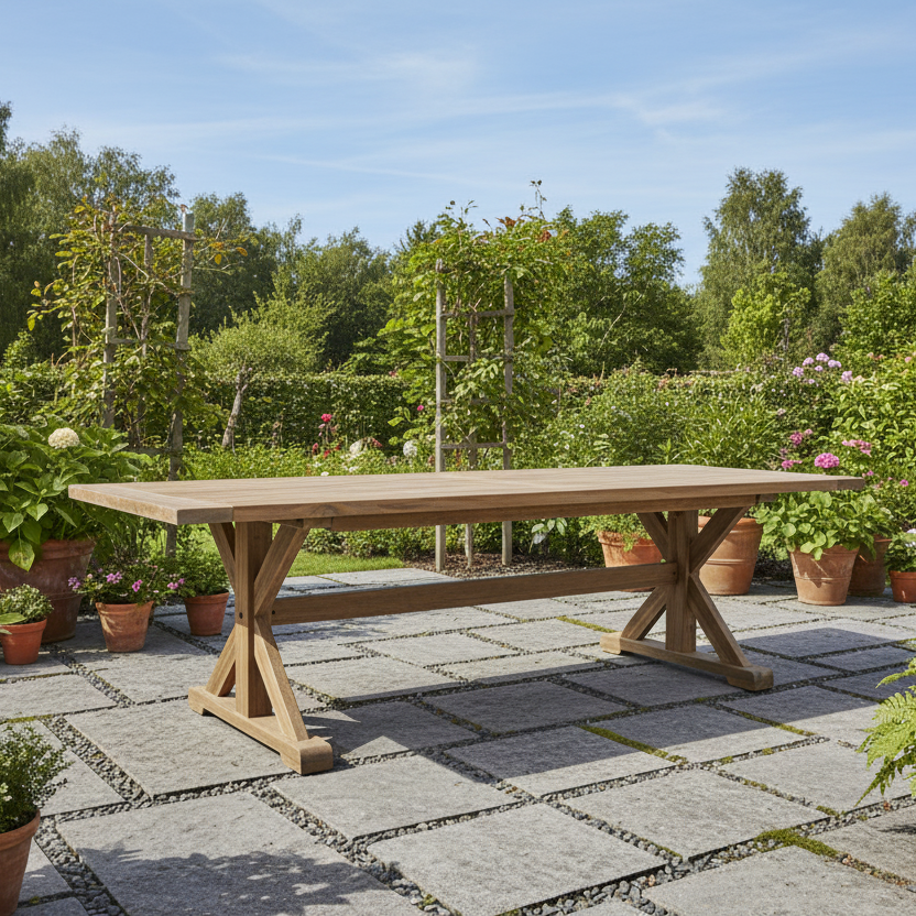 Lloyd Flanders Teak Outdoor 99" Trestle Base Rectangular Dining Table