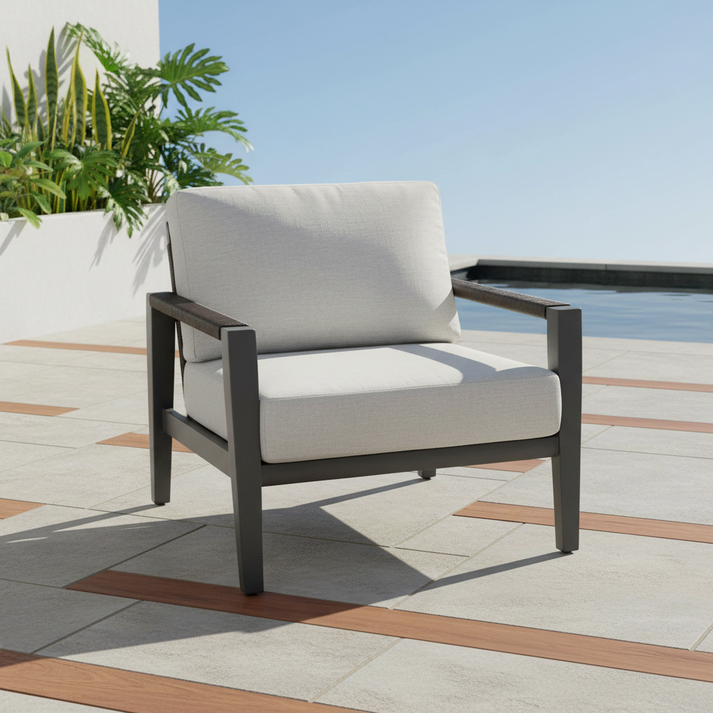 A modern outdoor lounge chair with a dark gray frame and off-white cushions, positioned on a tiled patio next to a swimming pool with a potted plant in the background.