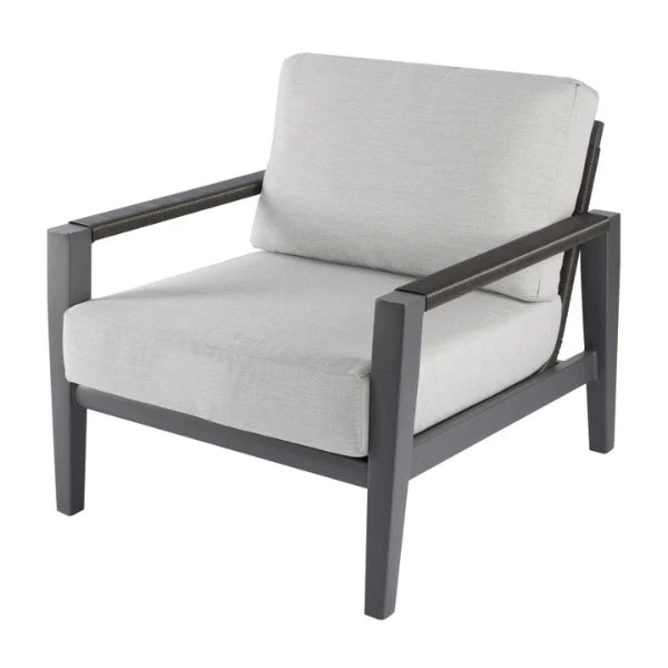 Lounge chair with gray frame and light gray cushions on a white background