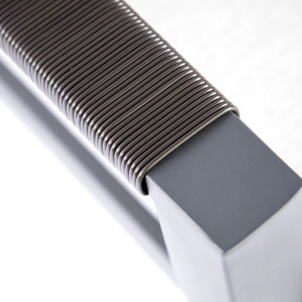 Close-up of a modern aluminum handle featuring a textured, ribbed grip and a matte gray square end, set against a clean white background.