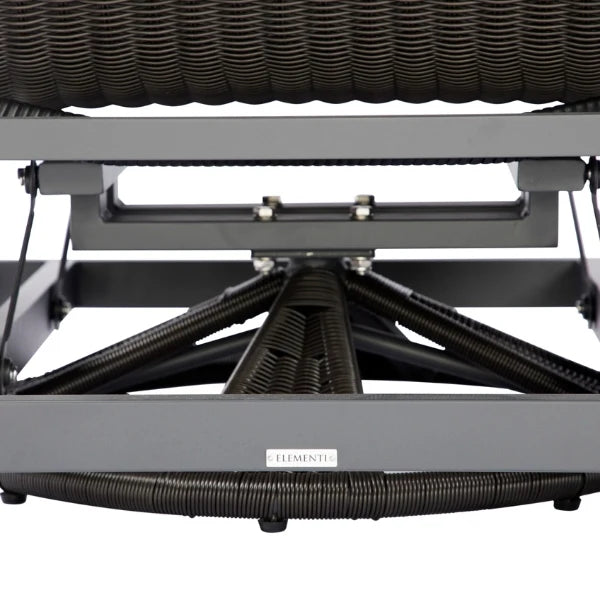 Close-up of a lift chair mechanism showing the dark gray aluminum frame, corrugated black pneumatic tubes, and a small white ELEMENTI brand label on the front frame.