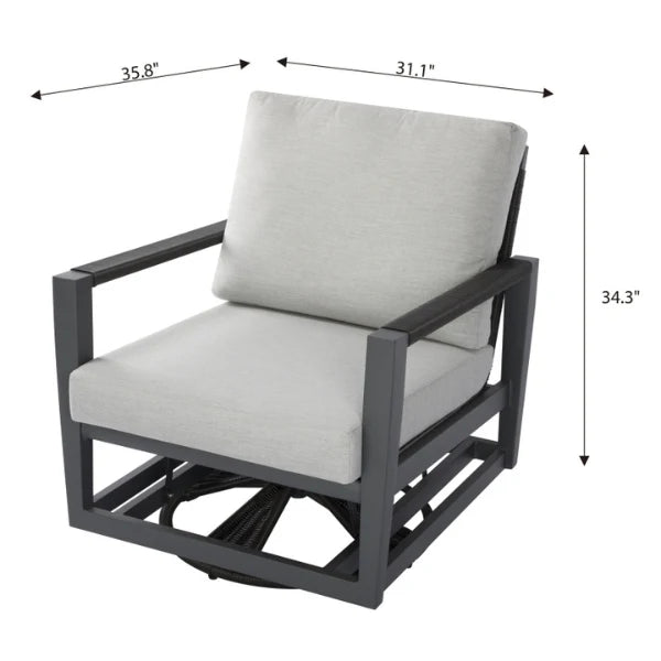Swivel glider chair with gray cushions and dimensions labeled on a white background
