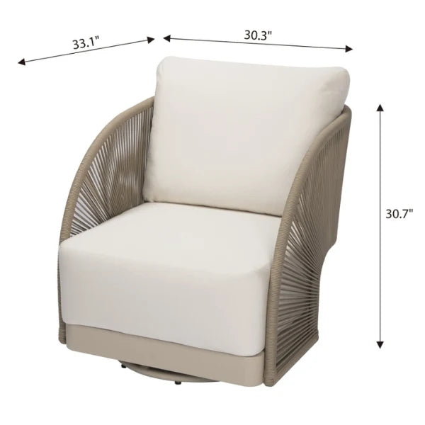 Beige armchair with white cushions and dimensions labeled on a white background
