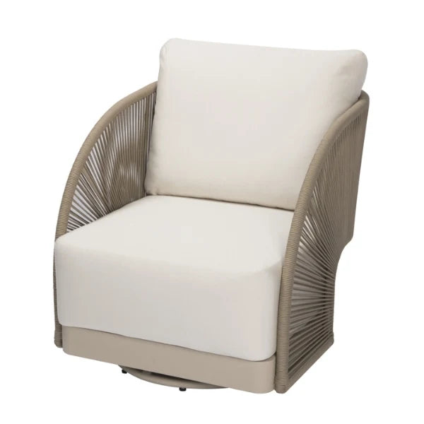 Chair with beige woven frame and white cushions on a white background