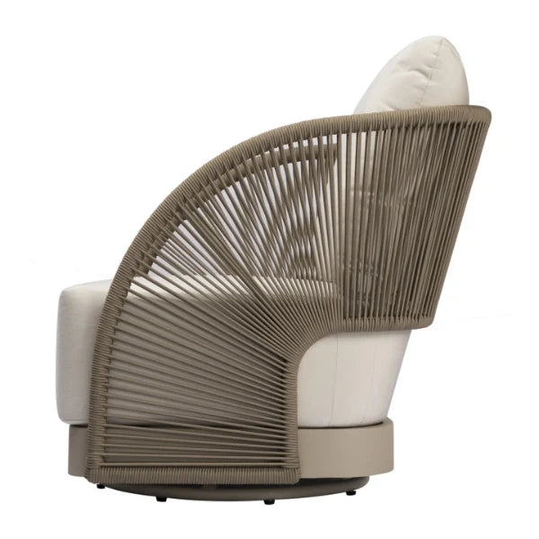 Modern chair with wicker backrest and white cushions on a white background