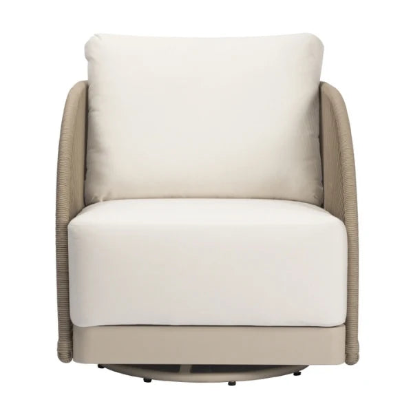A modern outdoor swivel armchair with thick cream cushions and a woven beige wicker frame, shown against a plain white background.