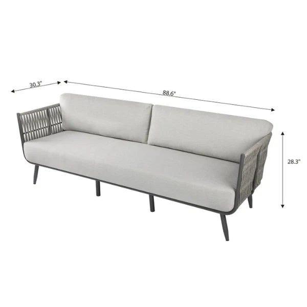 Outdoor three-seat sofa with light gray cushions and a dark woven frame, shown with dimension arrows and labels.