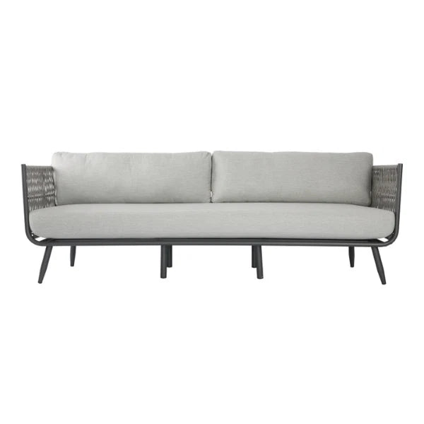 Gray sofa with black aluminum frame on a white background